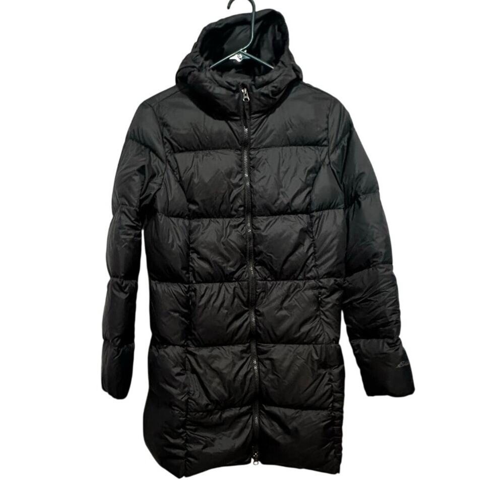 Eddie Bauer Luna Peak Down Black Jacket Puffer Zip EB550 Quilted Hooded Sz S